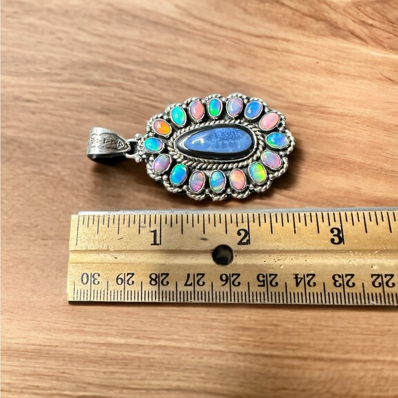 Inlayed Lapis in Black Onyx Surrounded by Fire Opals in Sterling Silver Pendant - Picture 4 of 8